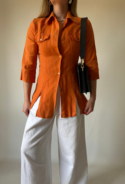 Orange 100% linen slim shirt