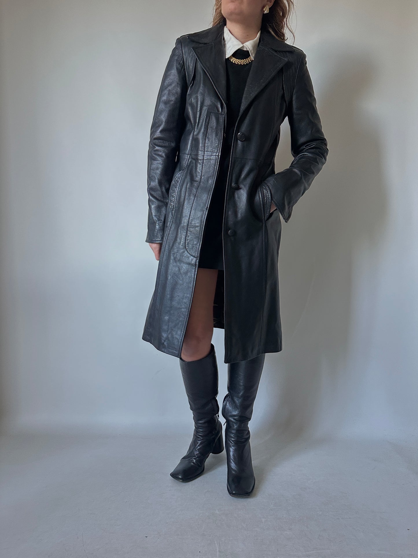 Black slim leather trench - new deadstock