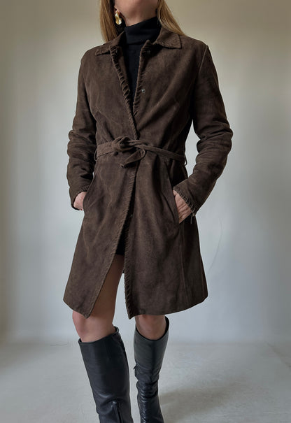 Unique chocolate suede leather trench