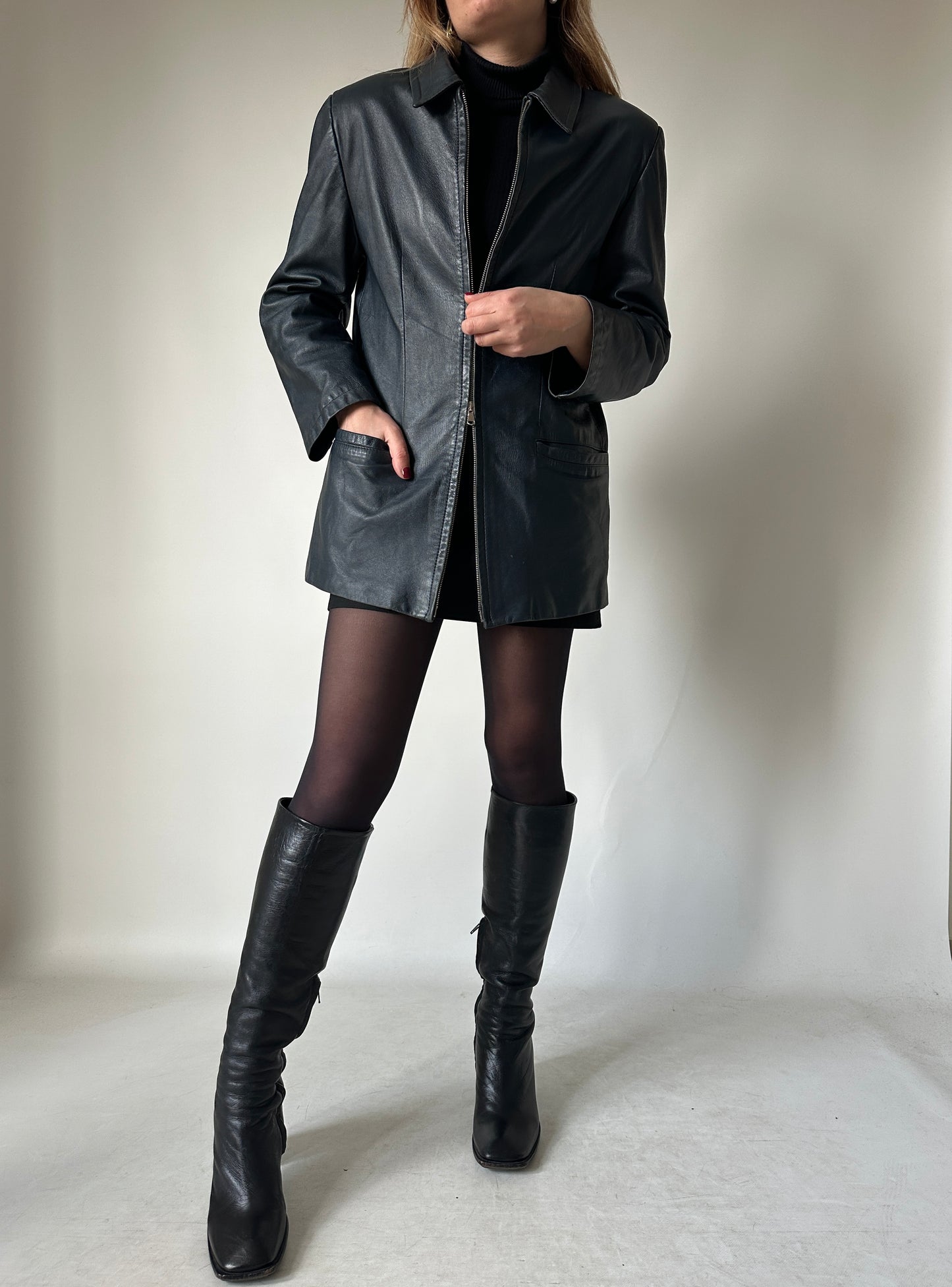 Minimal navy leather jacket