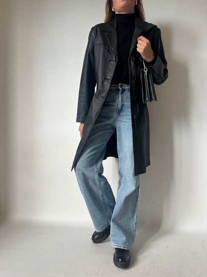 Black long leather trench