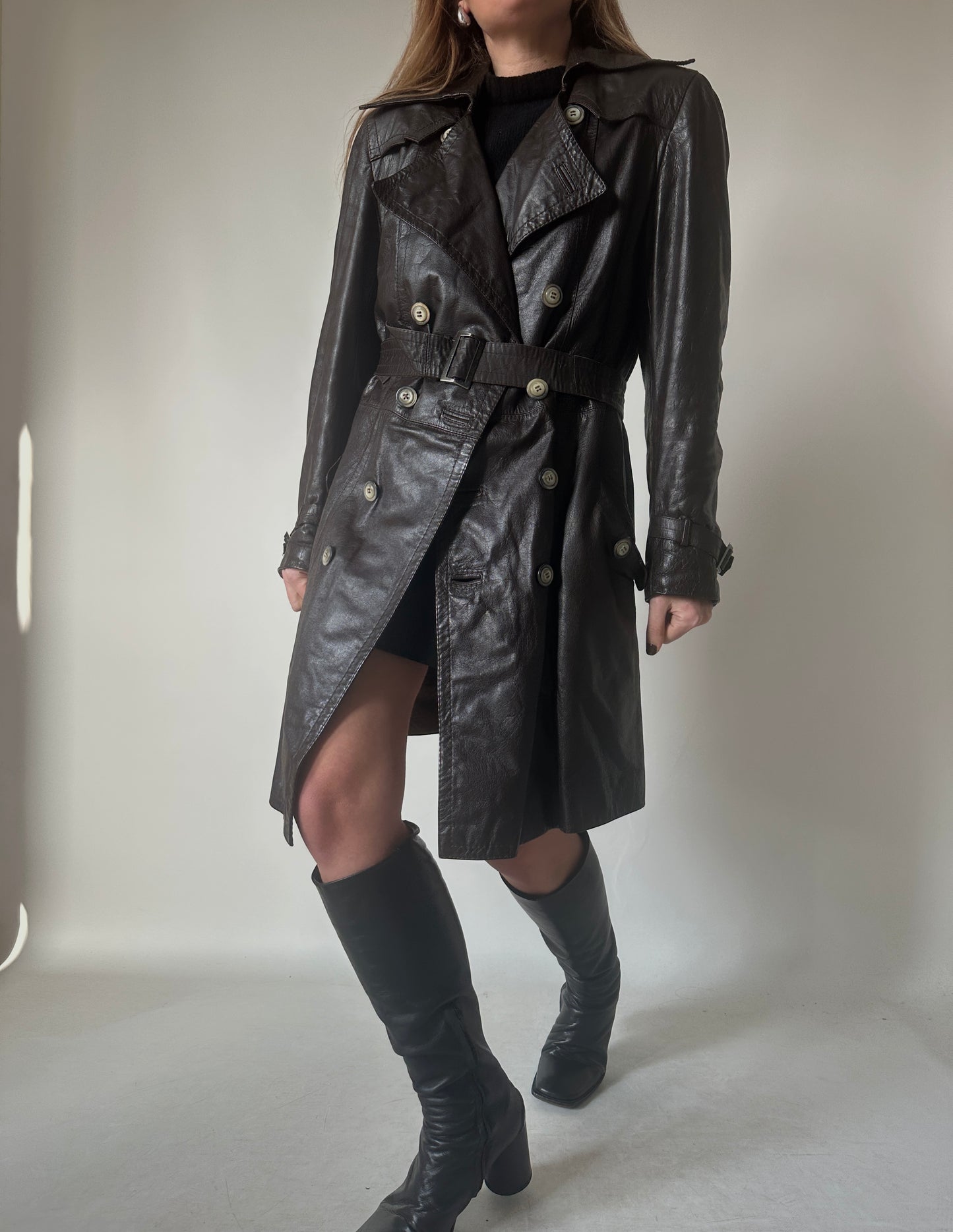 Chocolate leather trench with belt