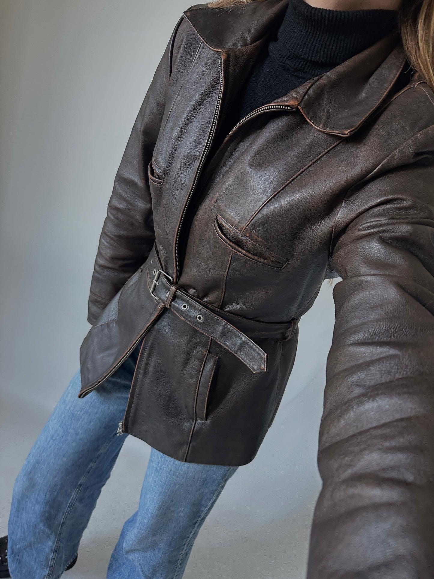Chocolate distressed leather jacket with belt