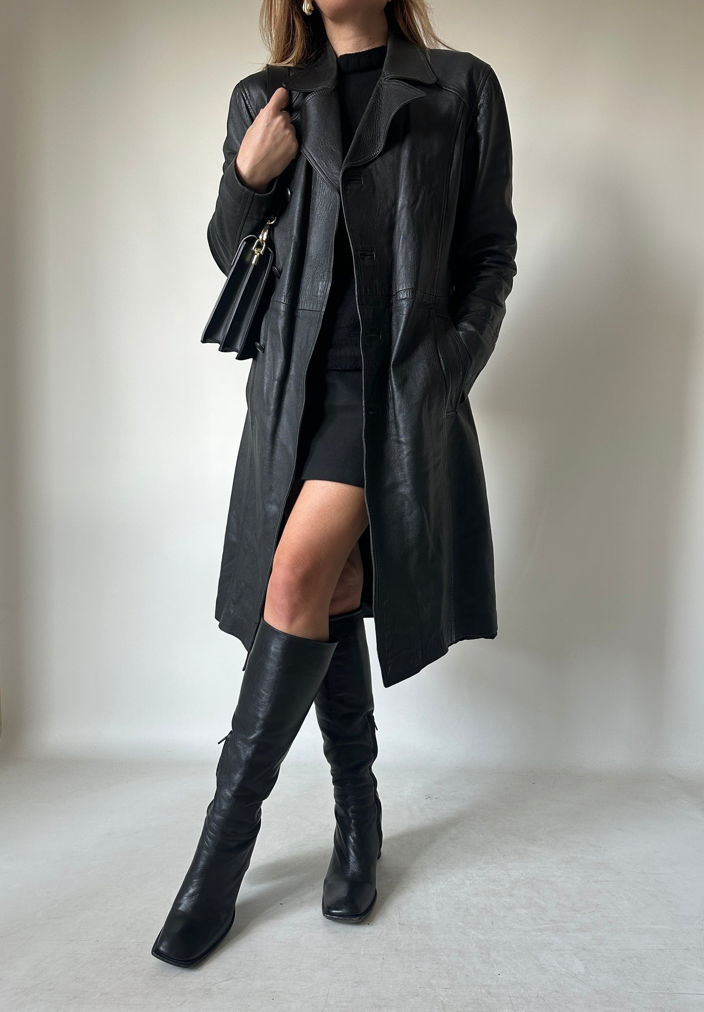 Black long leather trench