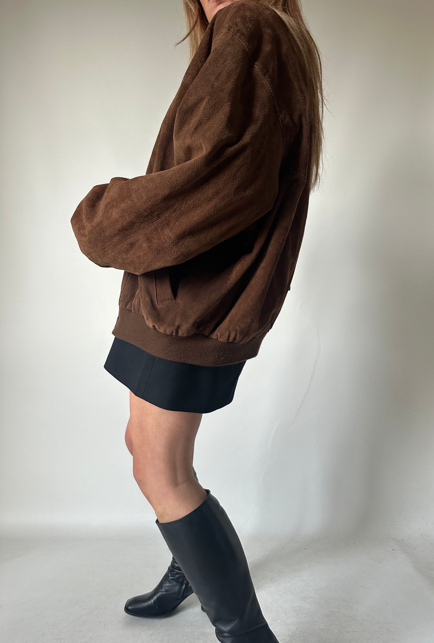 Chocolate oversize suede bomber