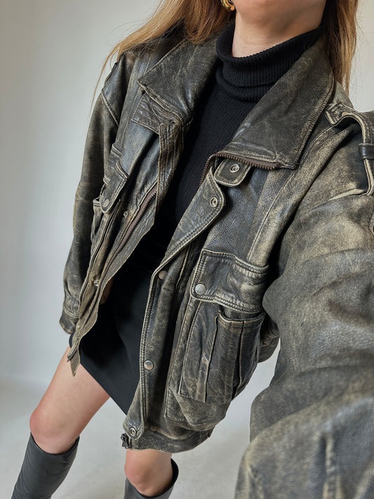 Unique distressed leather bomber