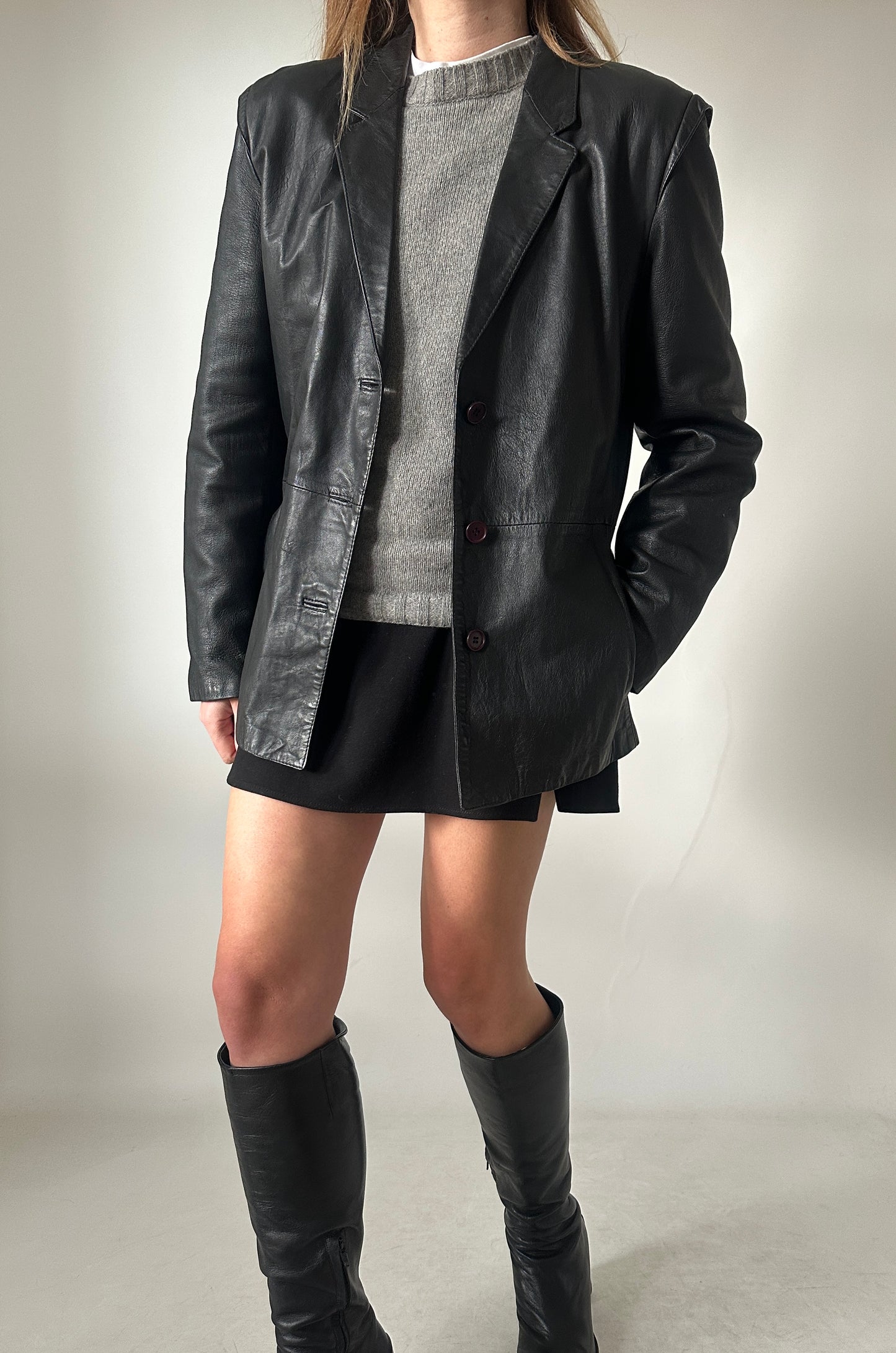 Petite leather jacket with belt