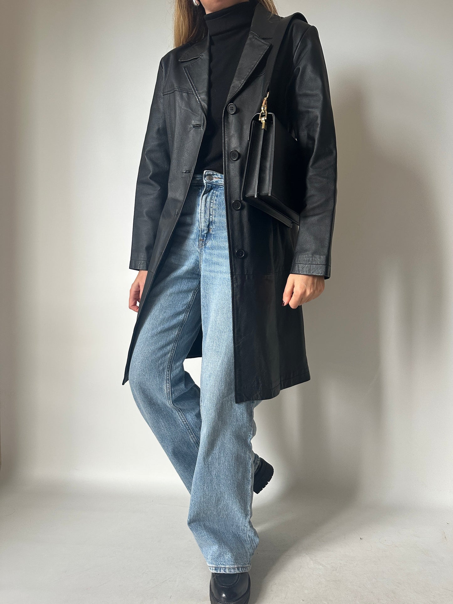Black long leather trench