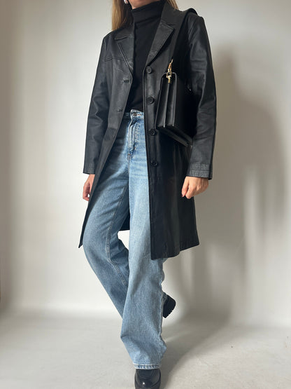 Black long leather trench