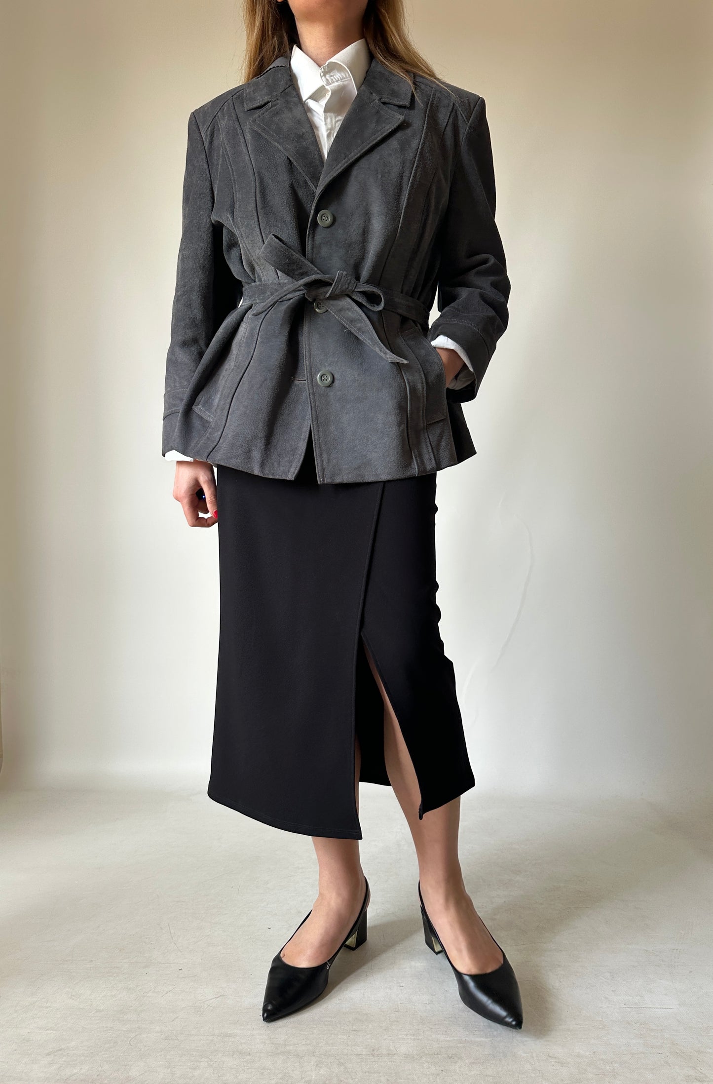 Unique grey suede jacket with belt