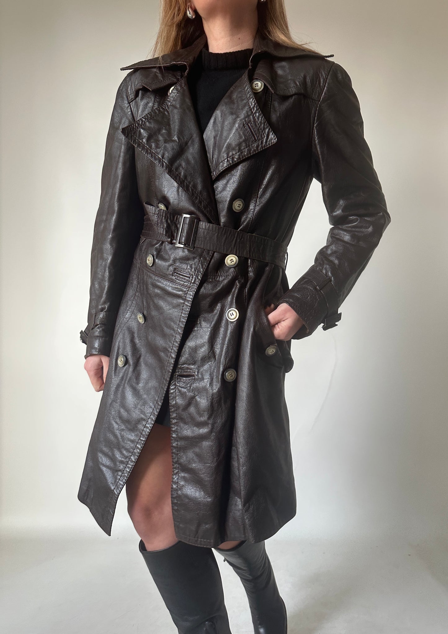 Chocolate leather trench with belt