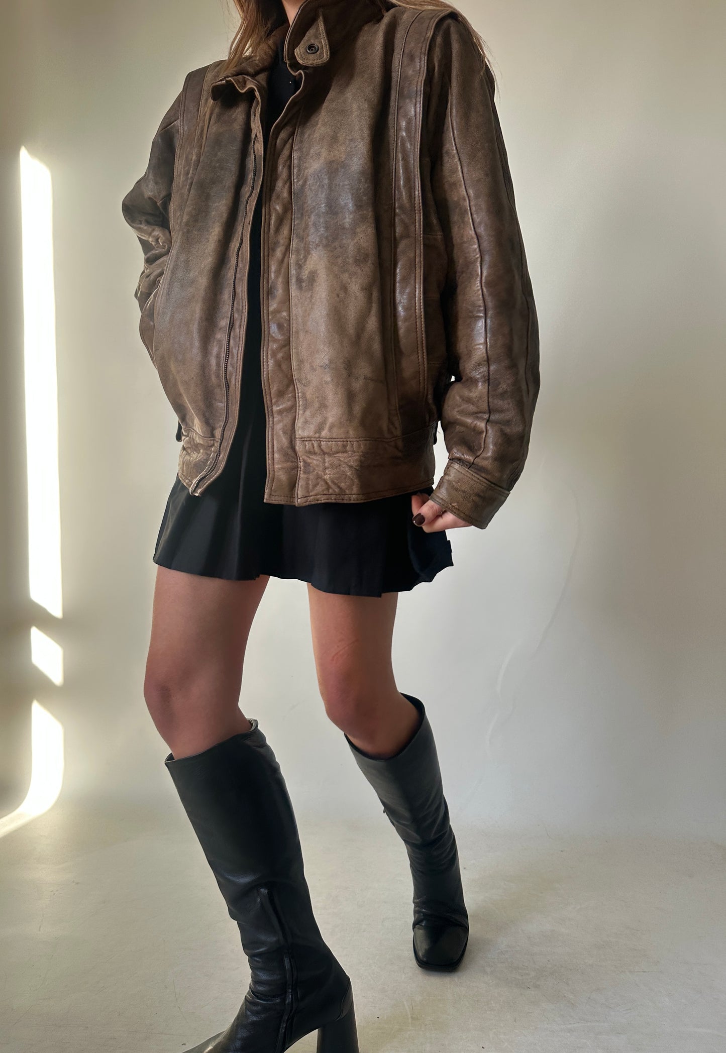 Unique brown distressed bomber