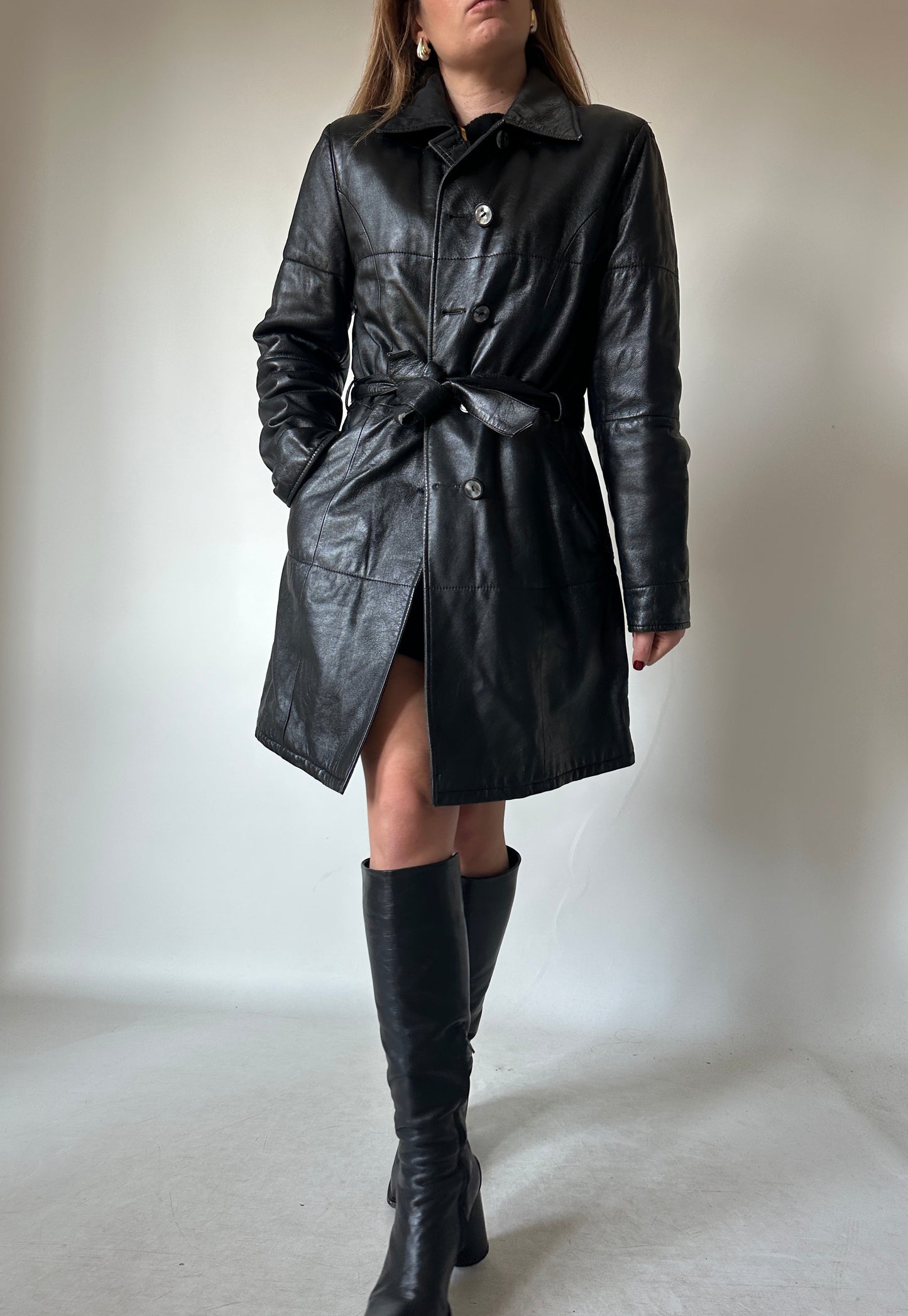 Black leather trench with belt