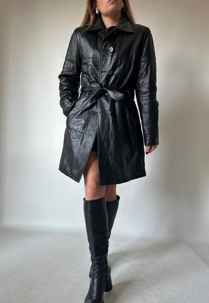 Black leather trench with belt