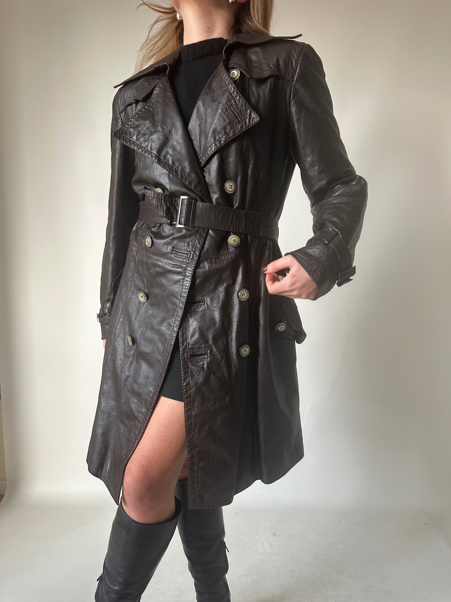 Chocolate leather trench with belt