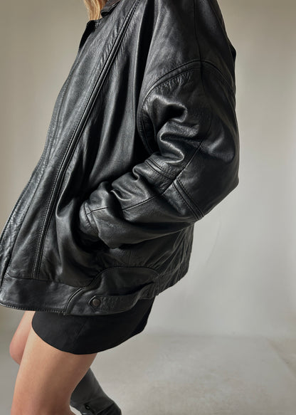 Minimal black leather bomber