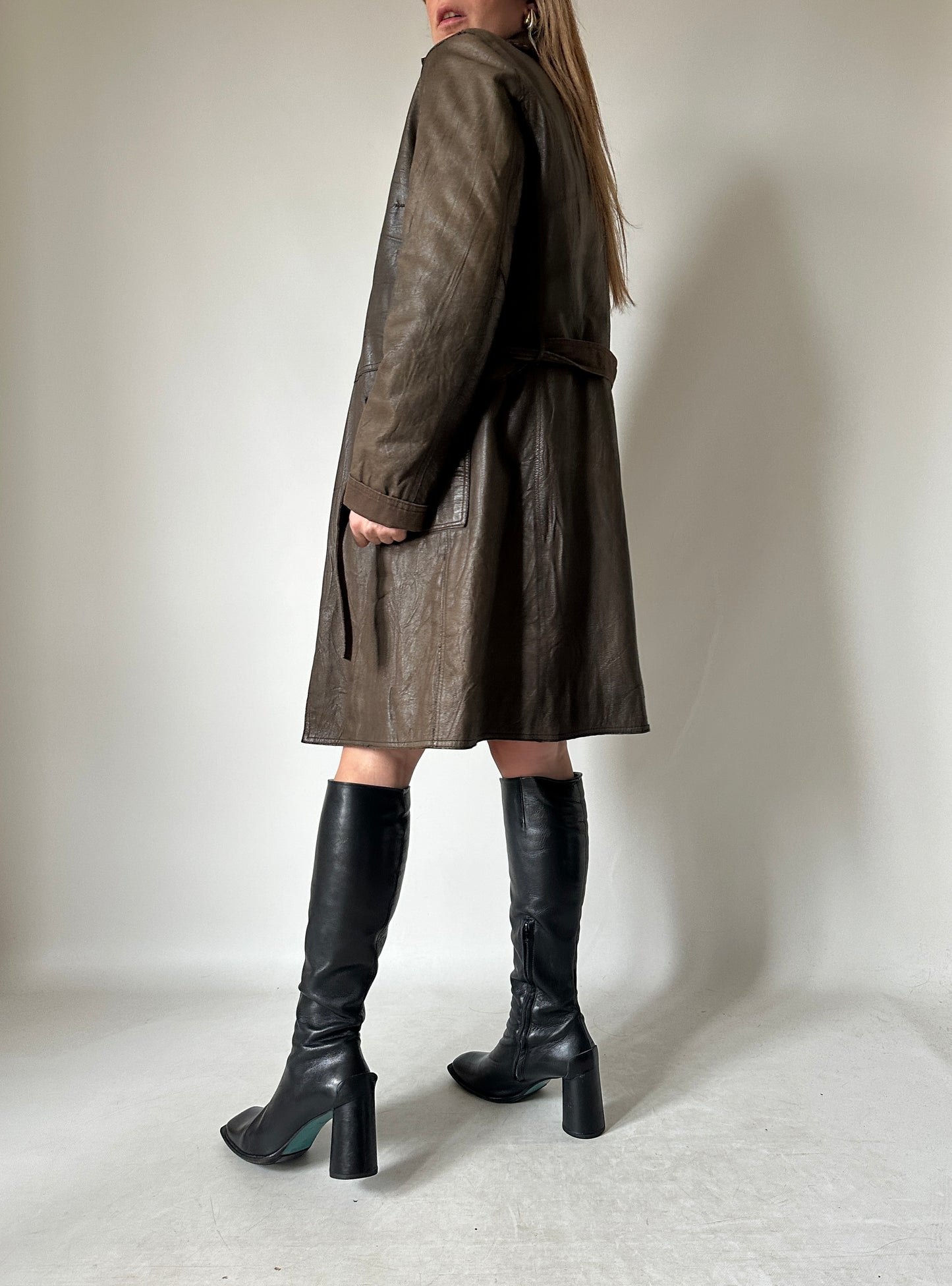 Chocolate leather trench with belt