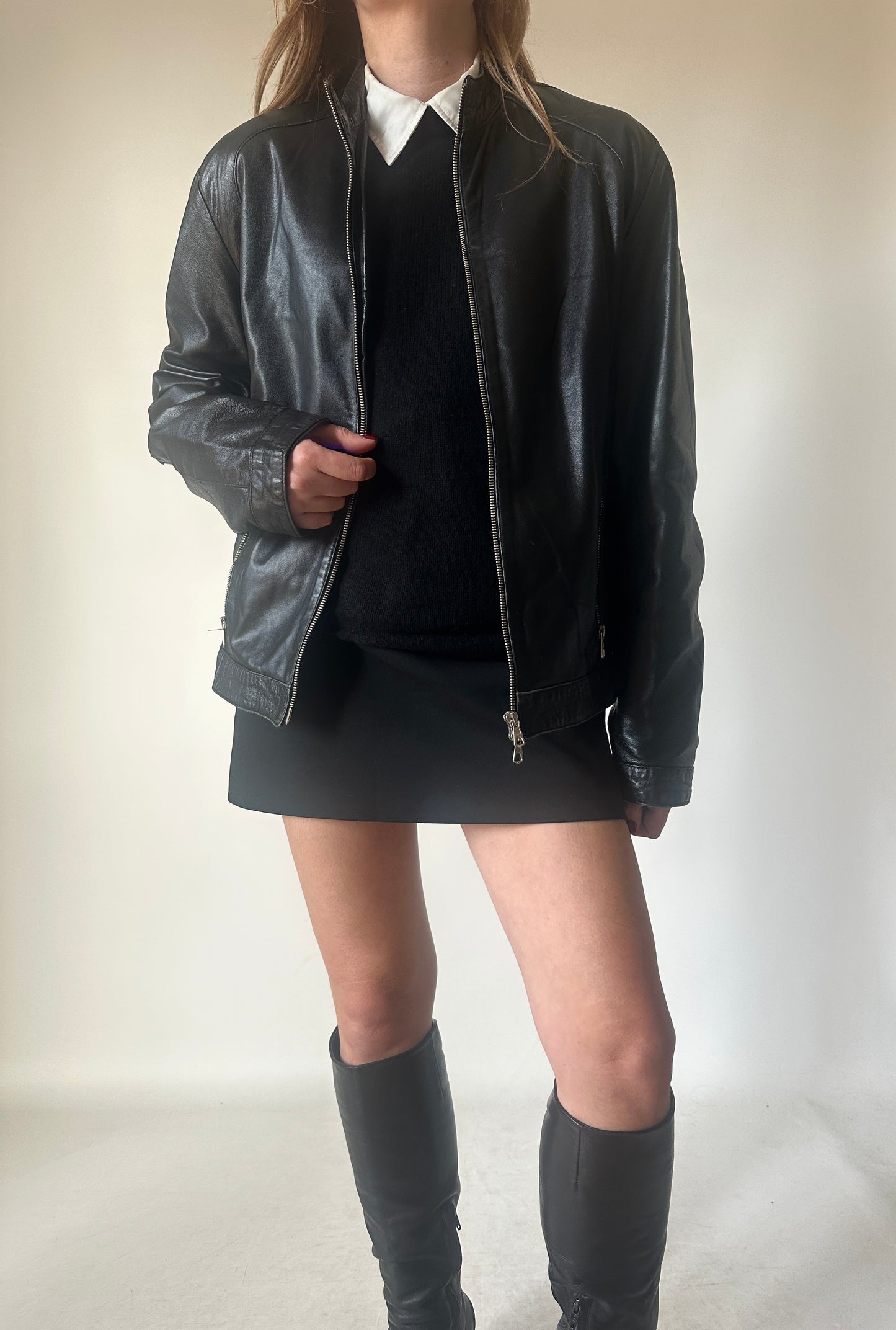 Black leather petite bomber