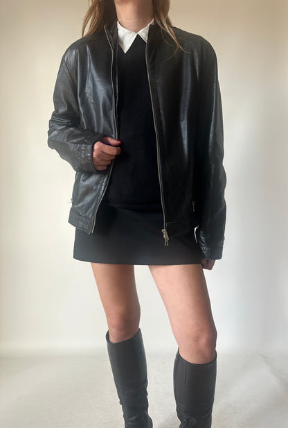 Black leather petite bomber