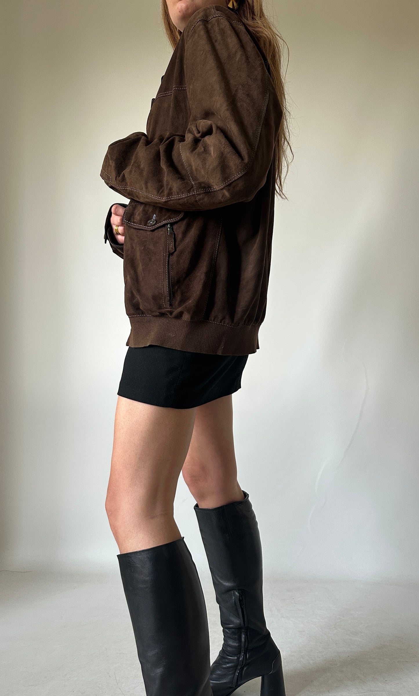 Chocolate petite suede bomber