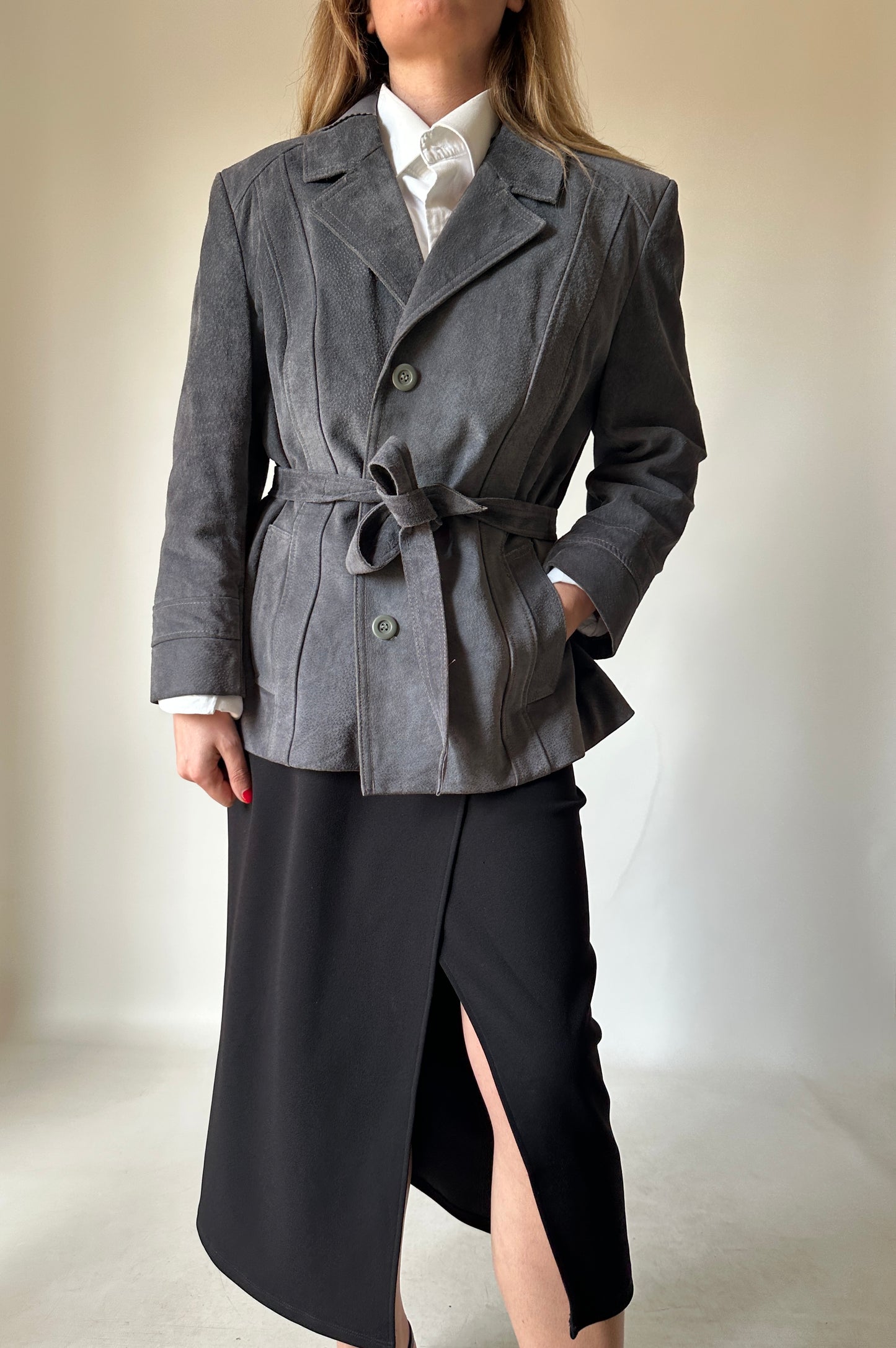 Unique grey suede jacket with belt