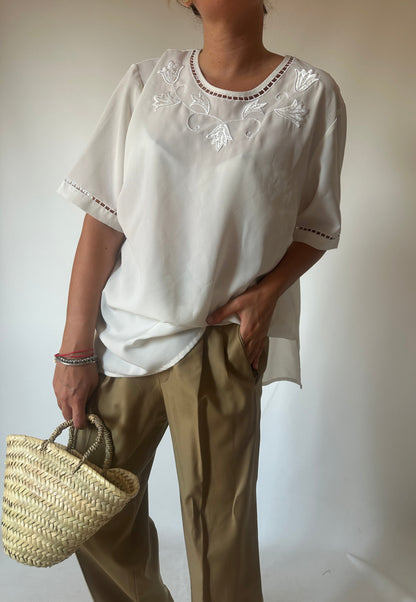 Embroidered white silky shirt