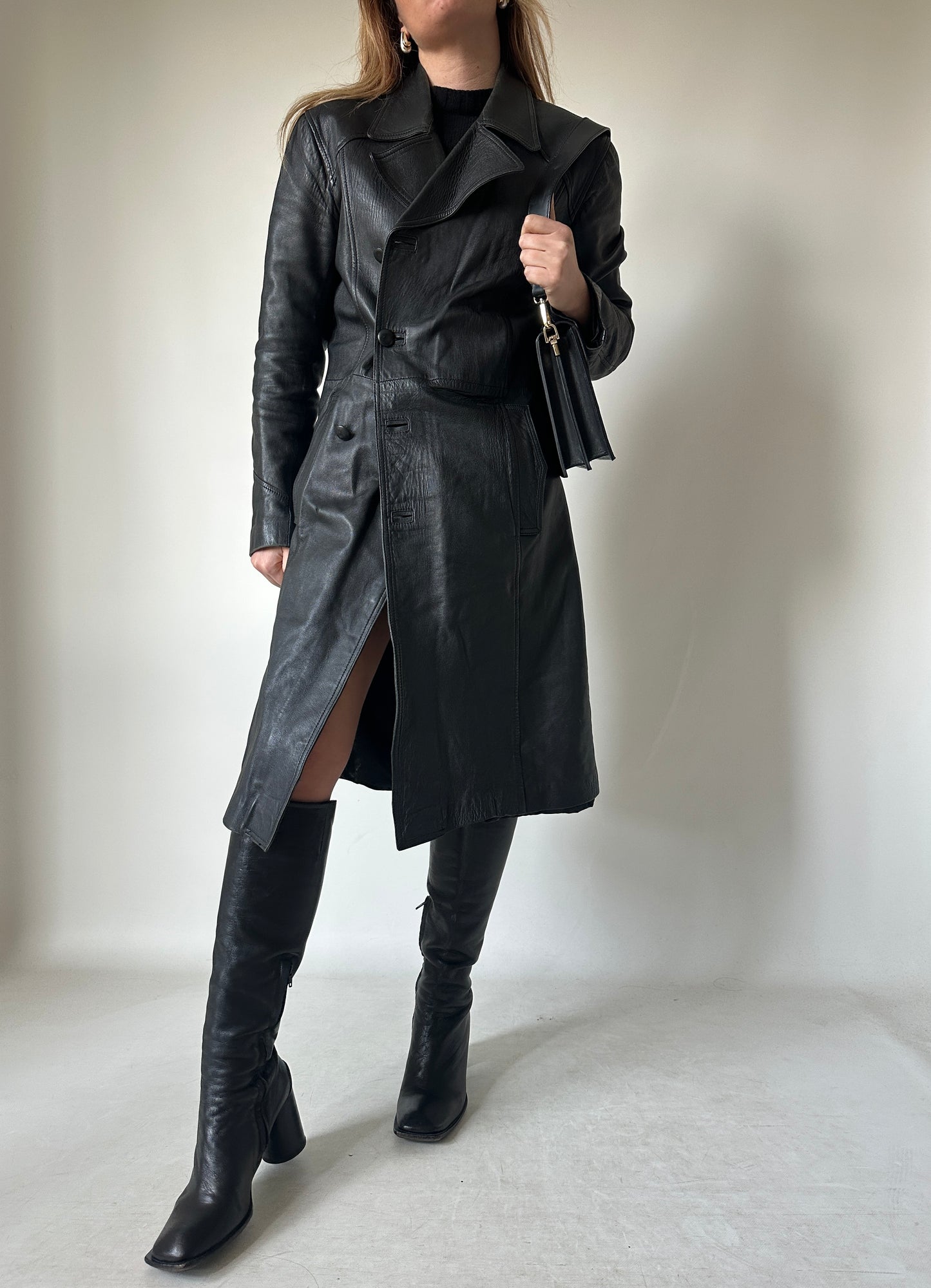 Black long leather trench
