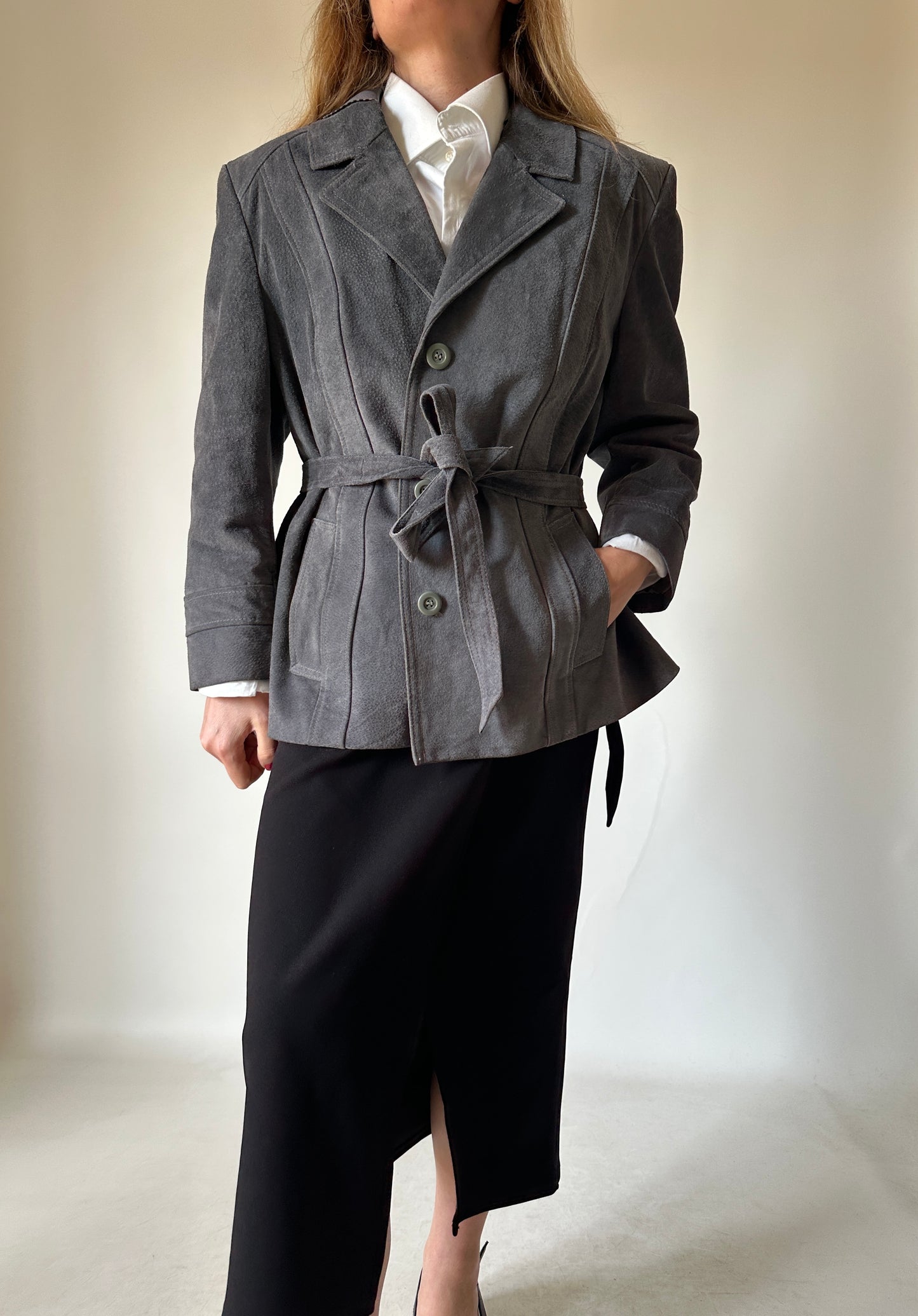 Unique grey suede jacket with belt