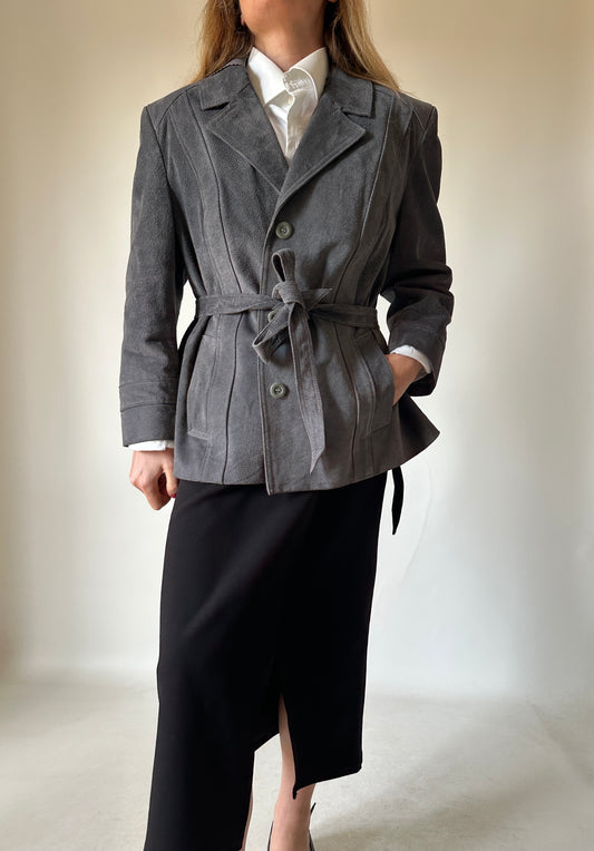 Unique grey suede jacket with belt