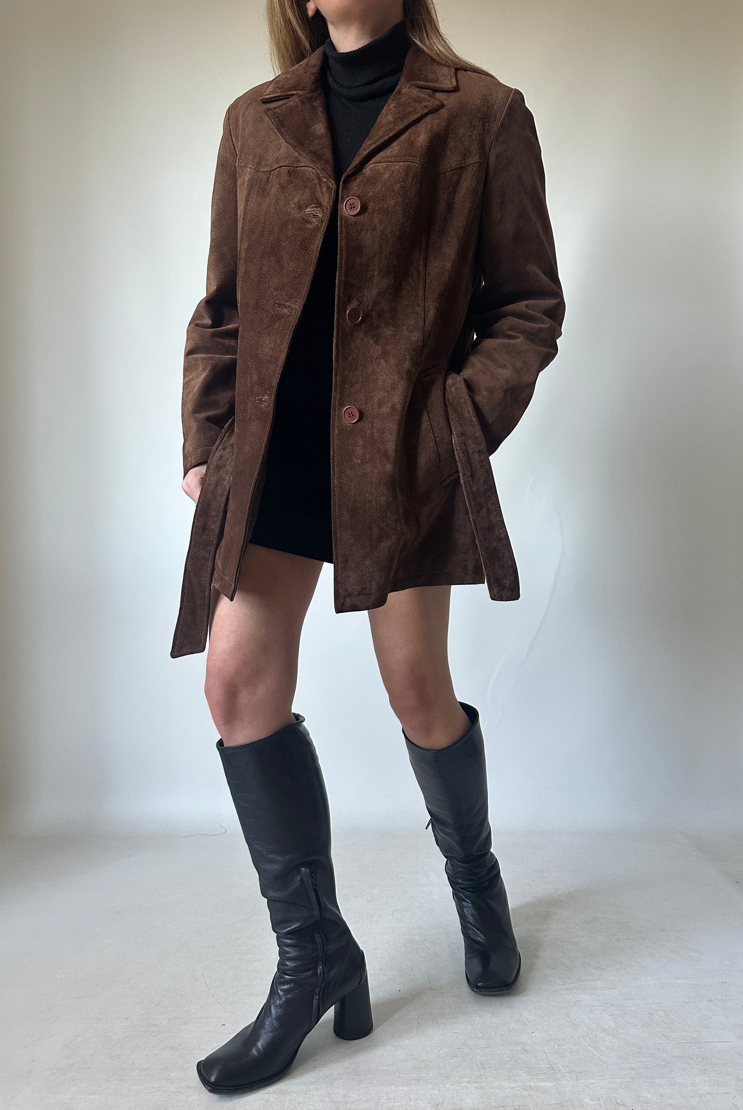 Chocolate suede jacket with belt