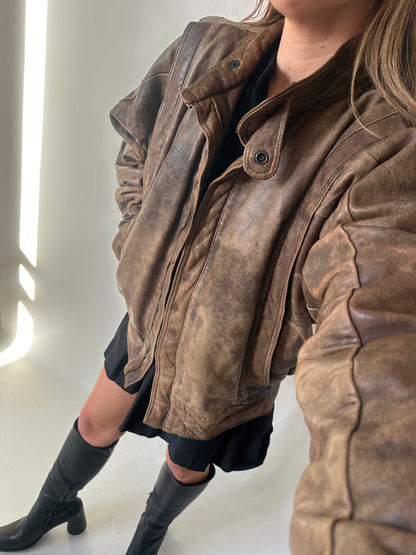 Unique brown distressed bomber
