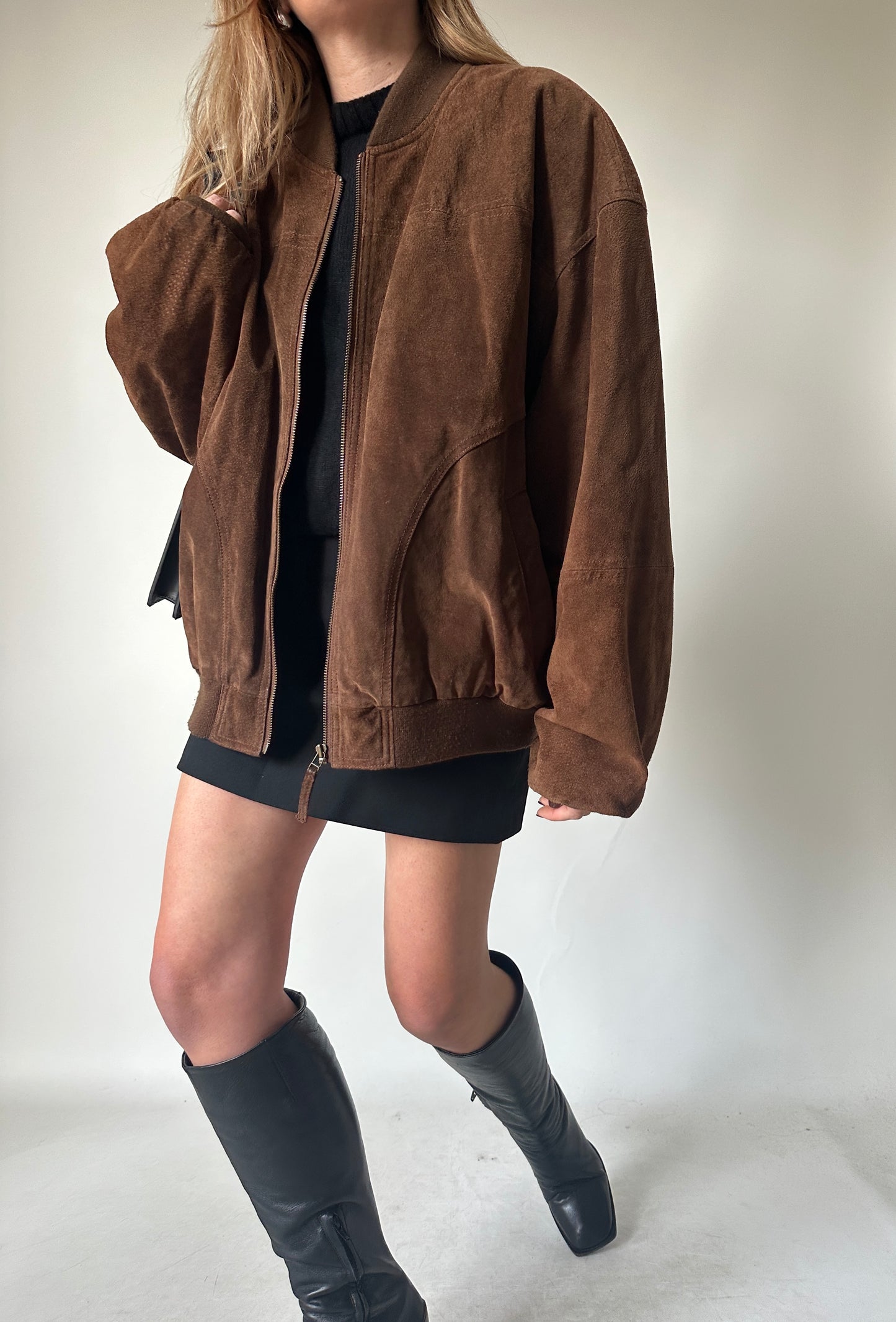 Chocolate oversize suede bomber