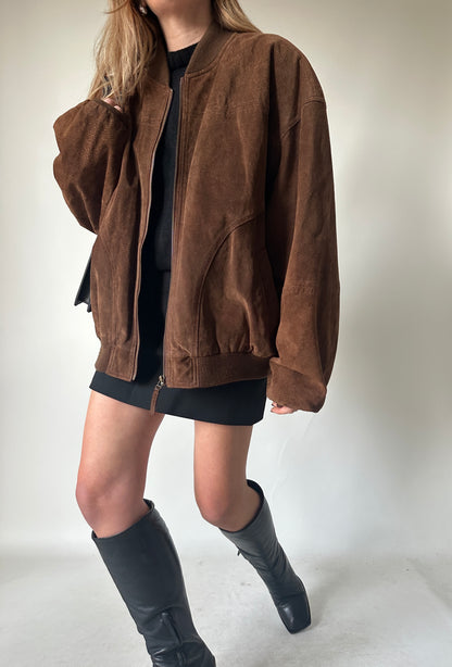 Chocolate oversize suede bomber