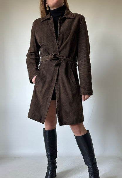 Unique chocolate suede leather trench