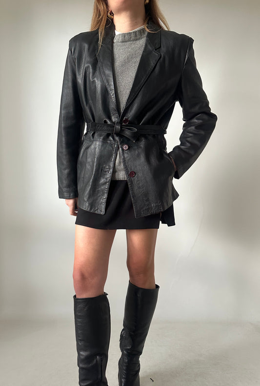 Petite leather jacket with belt