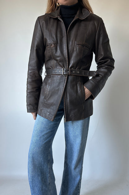 Chocolate distressed leather jacket with belt