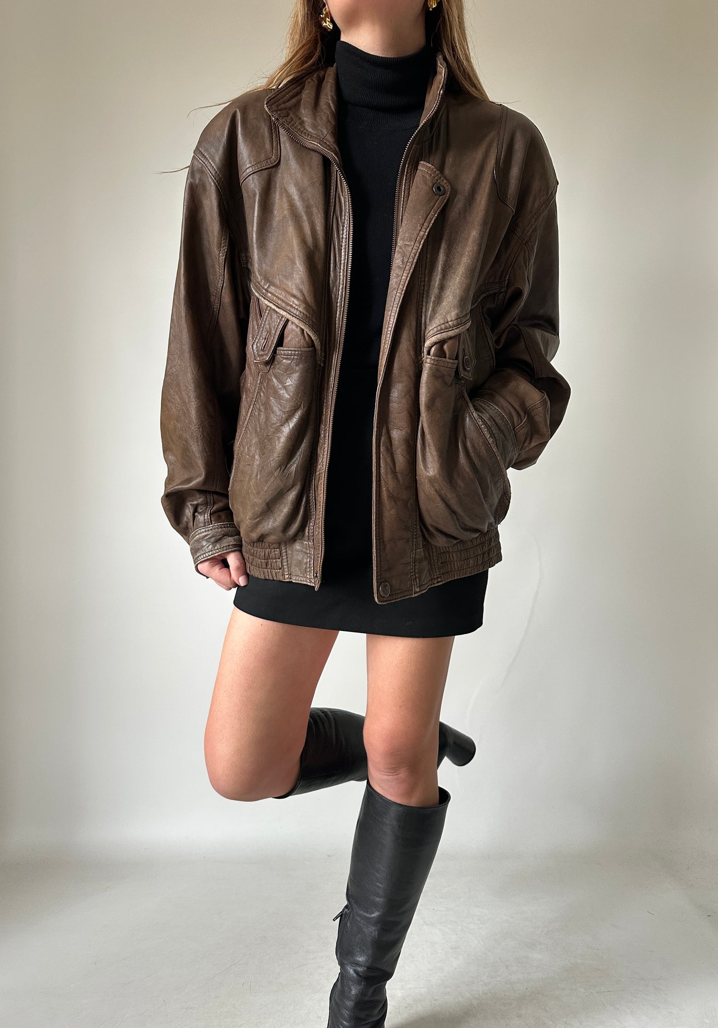 Chocolate used leather bomber