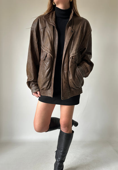 Chocolate used leather bomber