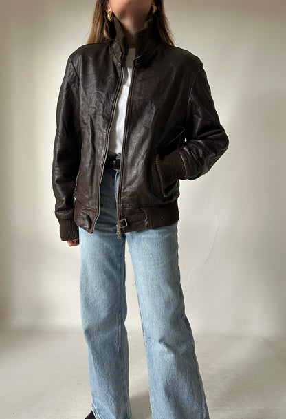 Chocolate leather bomber