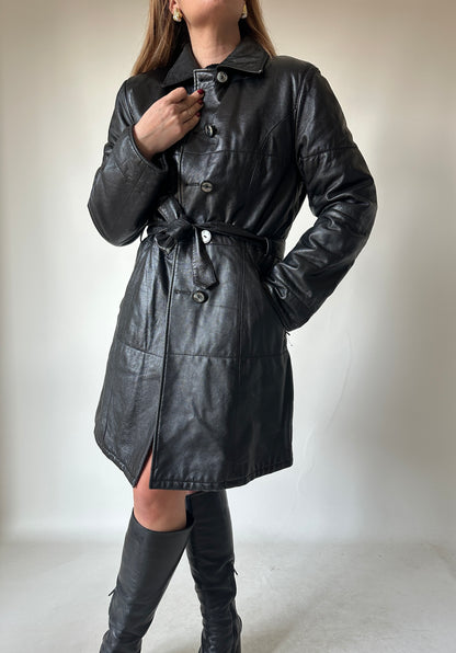 Black leather trench with belt