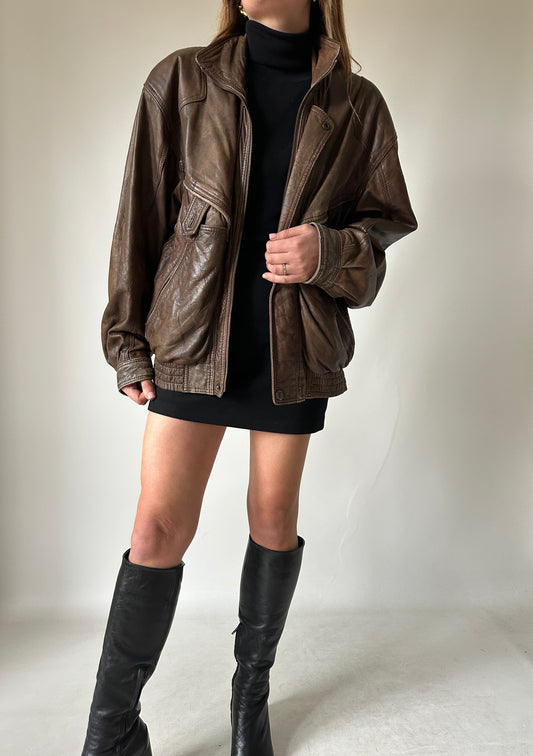 Chocolate used leather bomber