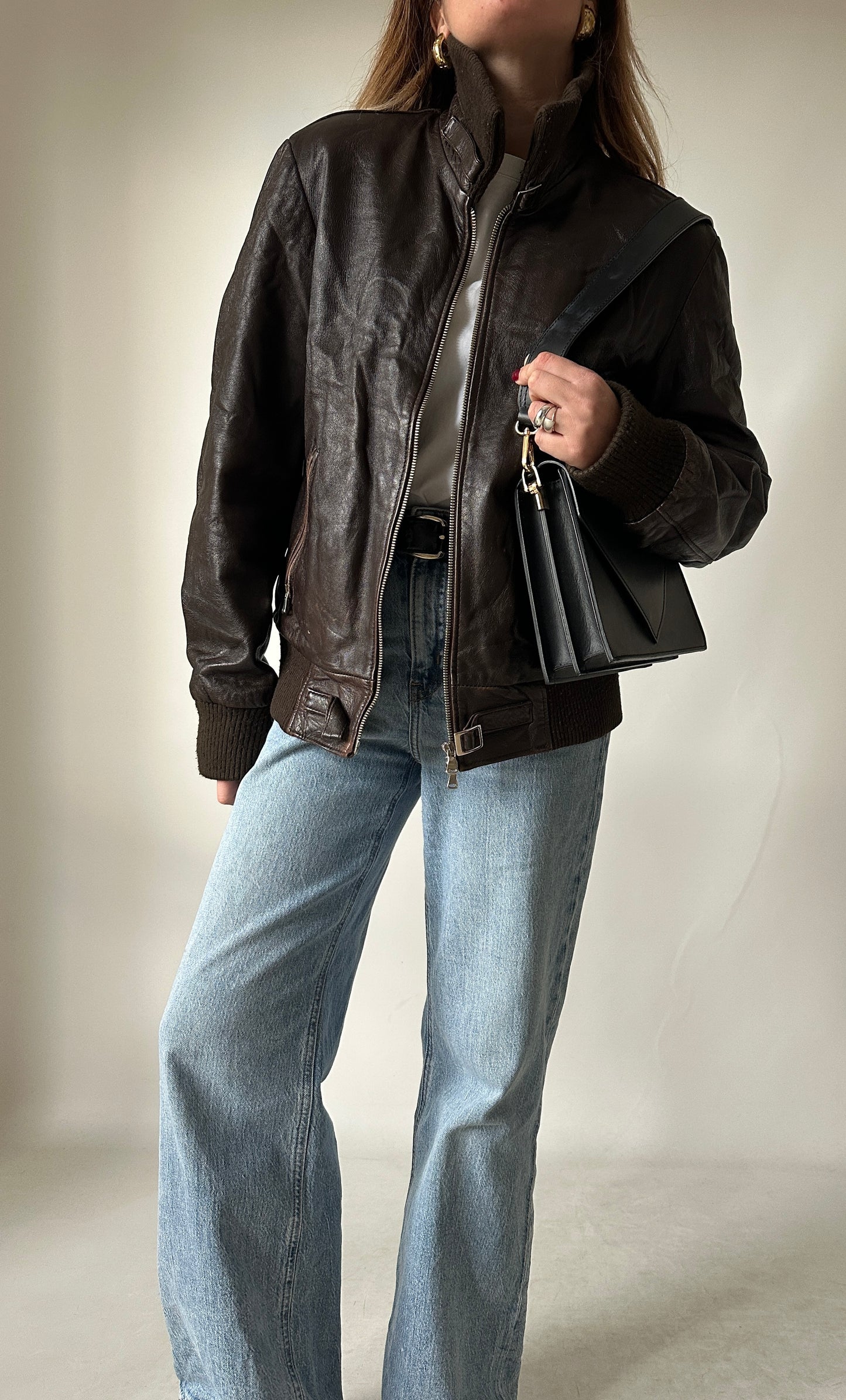 Chocolate leather bomber