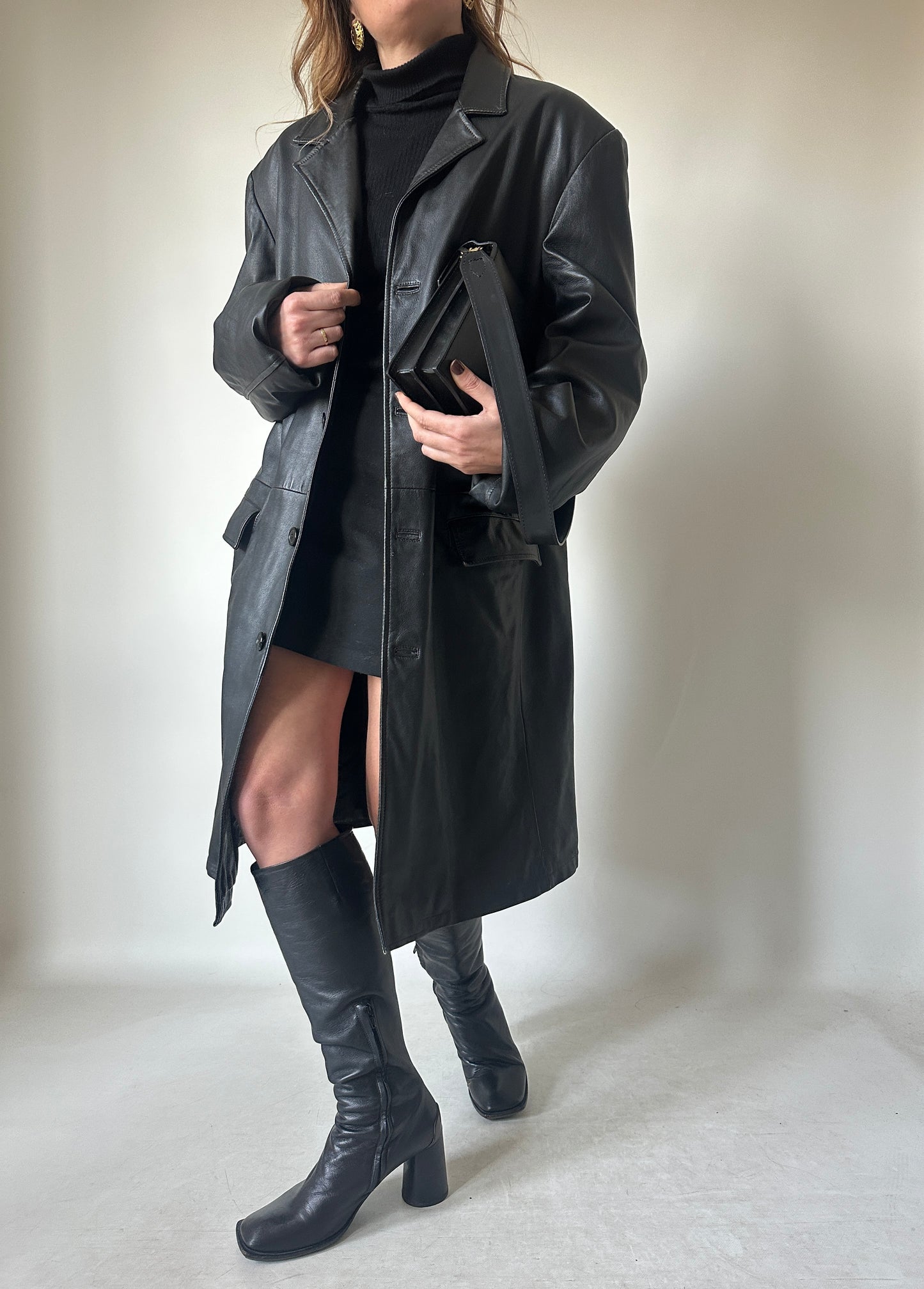 Long leather black coat