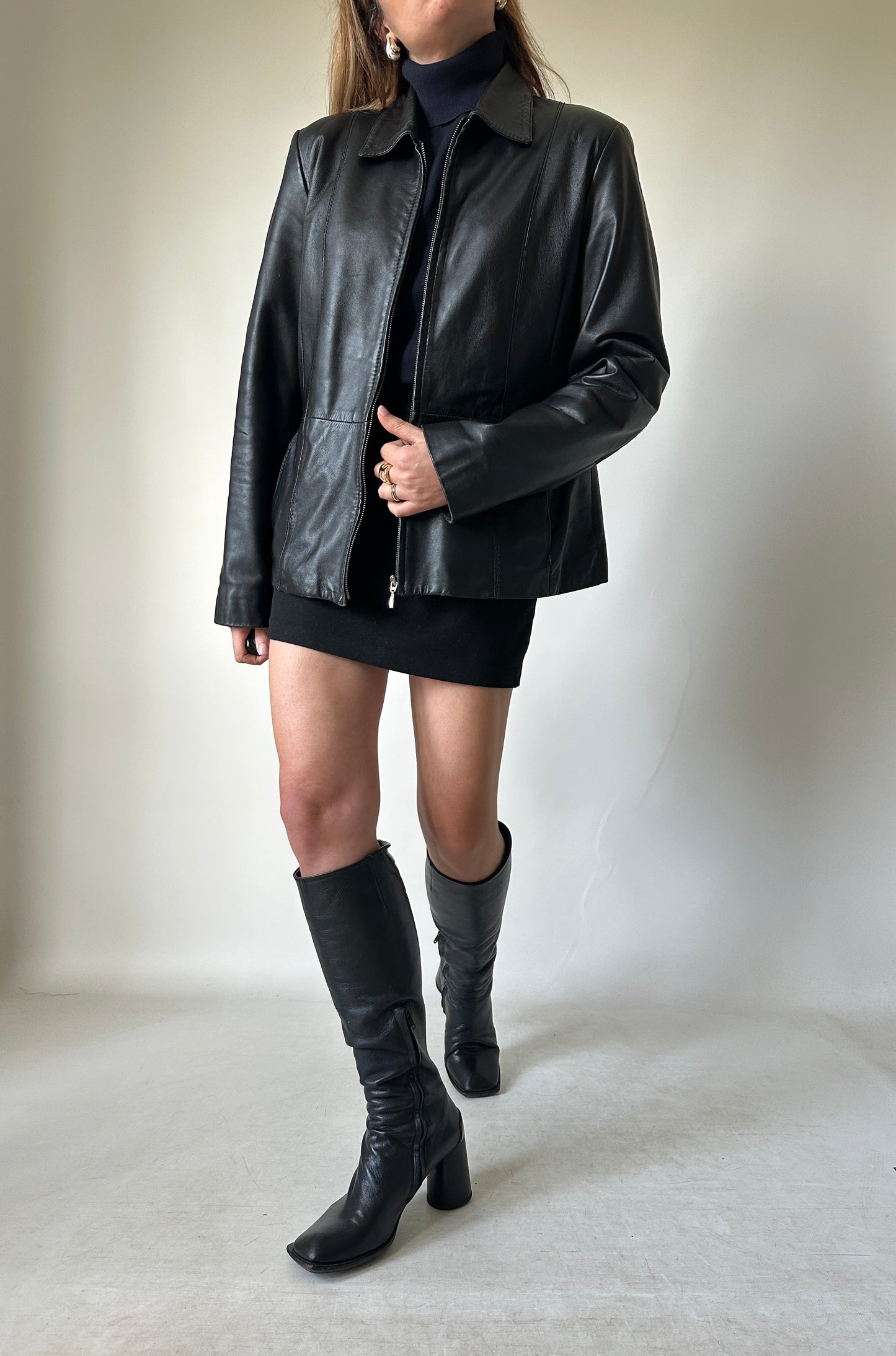 Minimal black leather jacket