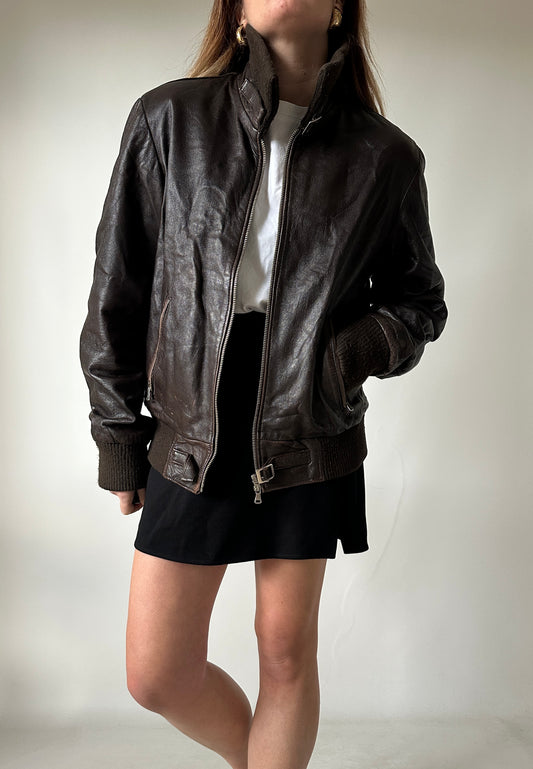 Chocolate leather bomber