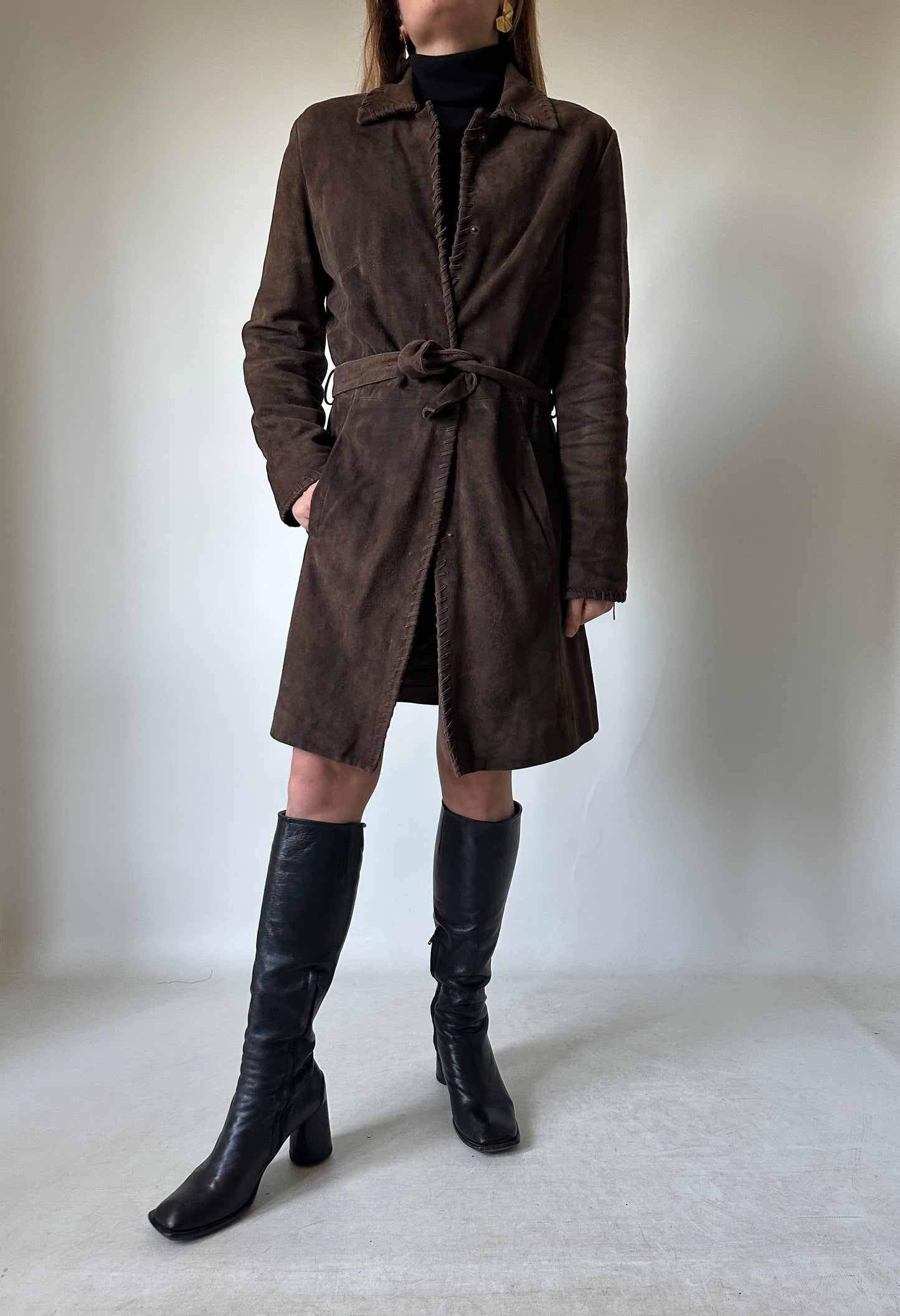 Unique chocolate suede leather trench