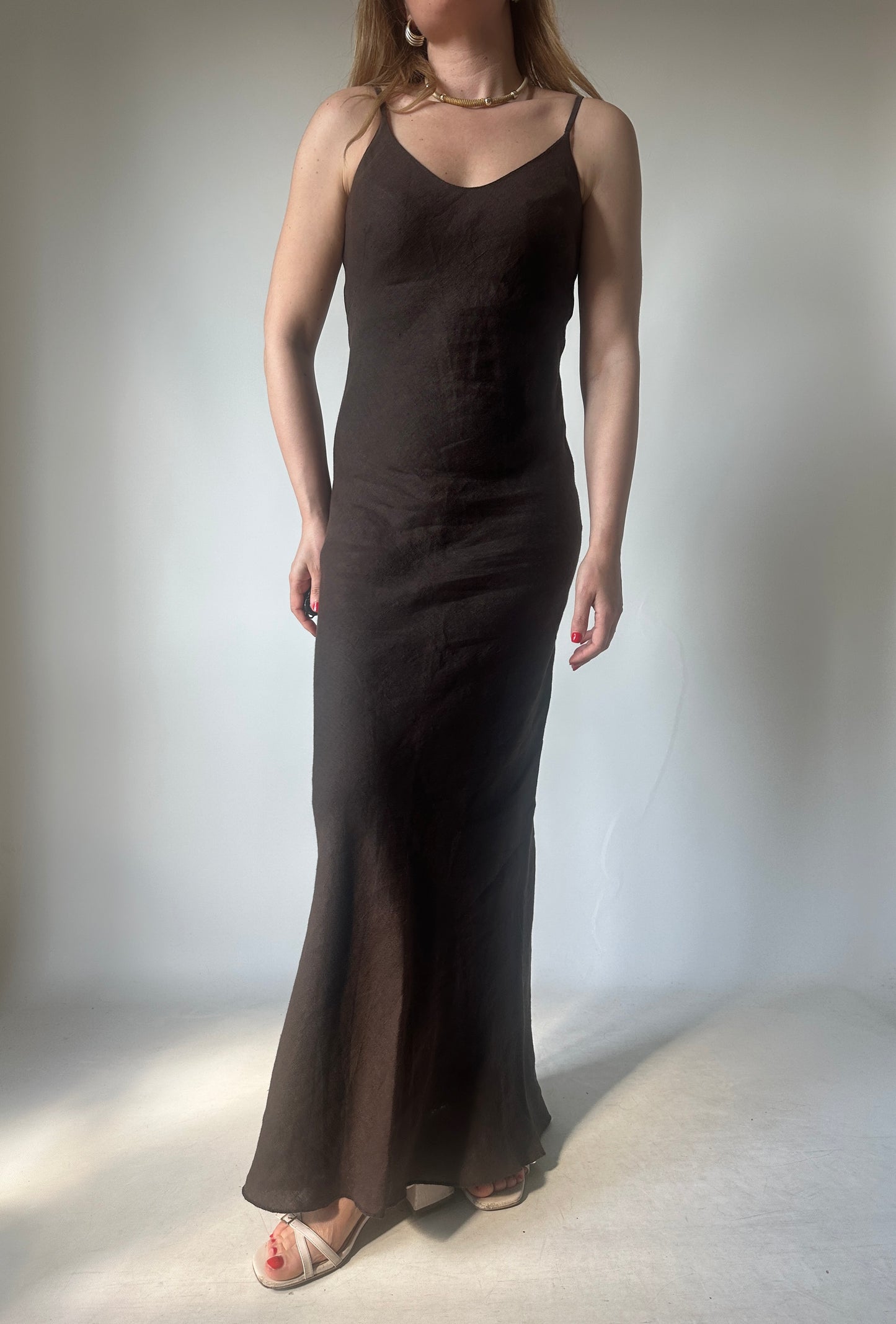Dreamy chocolate long linen dress