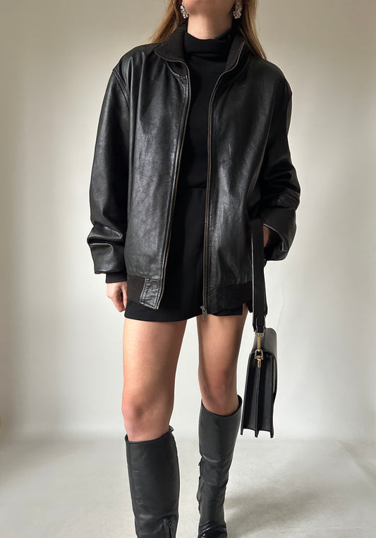 Evergreen black leather bomber