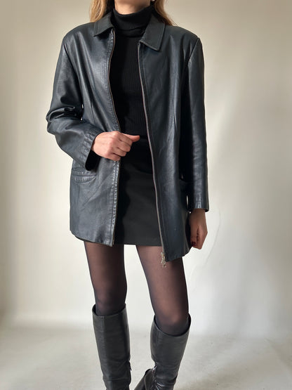Minimal navy leather jacket