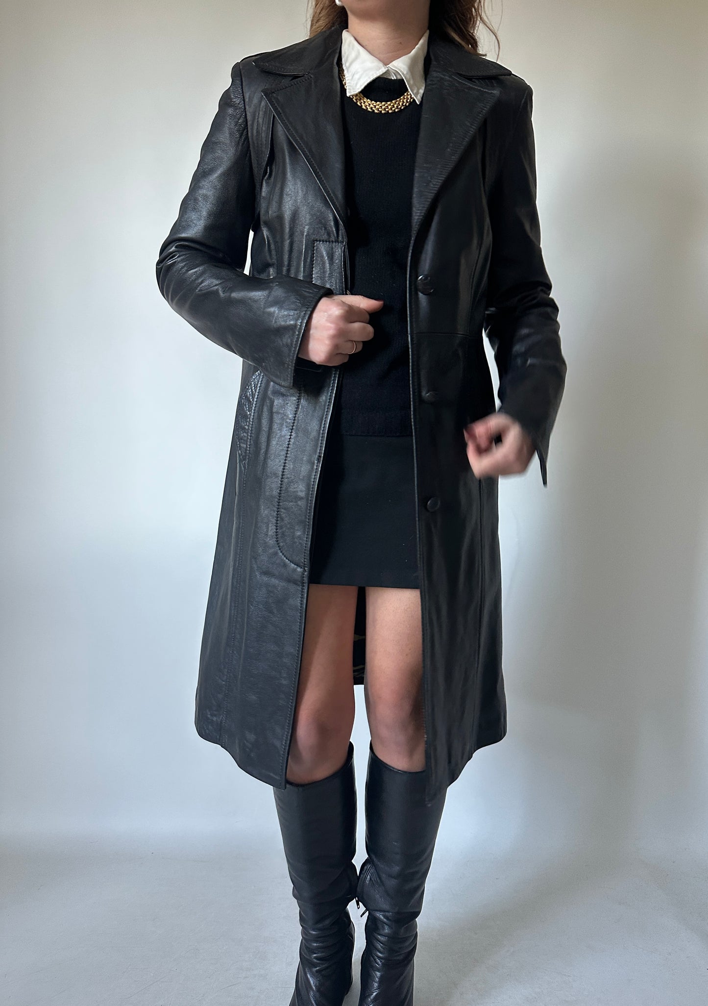 Black slim leather trench - new deadstock